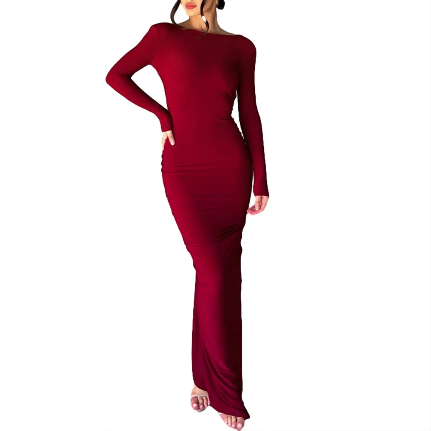 Maxy Women Long Bodycon Dress Solid Color Deep V-Neck Long Sleeve Dress Spring Fall Evening Party Dress