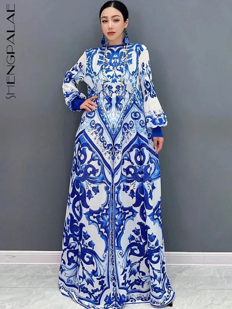 Babs SHENGPALAE Spring Autumn New Women's Dress National Porcelain Printed Chiffon Pleated Elegant Long Sleeved Dresses 5R9754