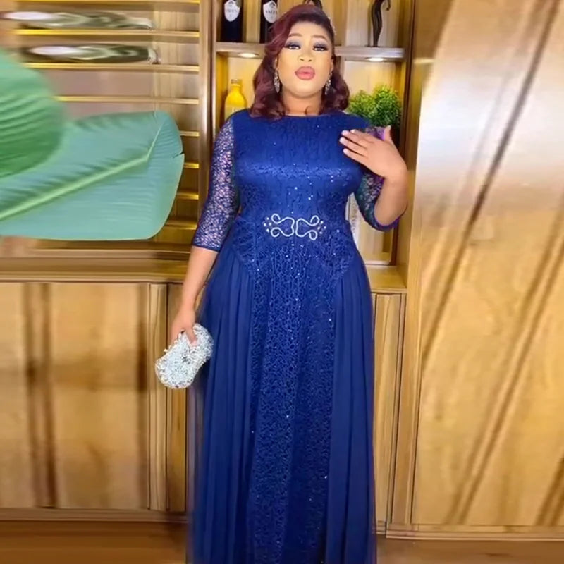 Maxy African Lace Chiffon Dresses For Women Plus Size Ankara Dashiki Maxi Robe Dubai Turkey Sequin Abaya Wedding Party Dress