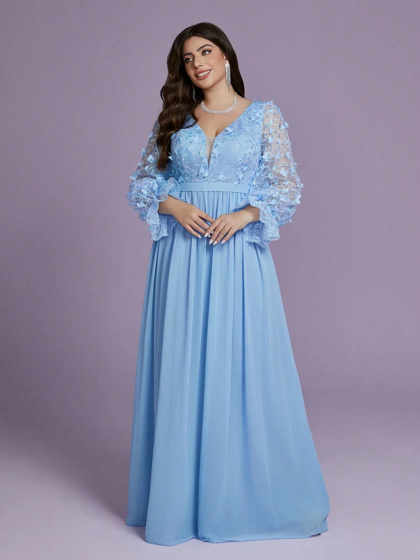 Maxy Mgiacyv-neck flame-patterned butterfly sequined long-sleeved hem pearl chiffon high-end evening dress