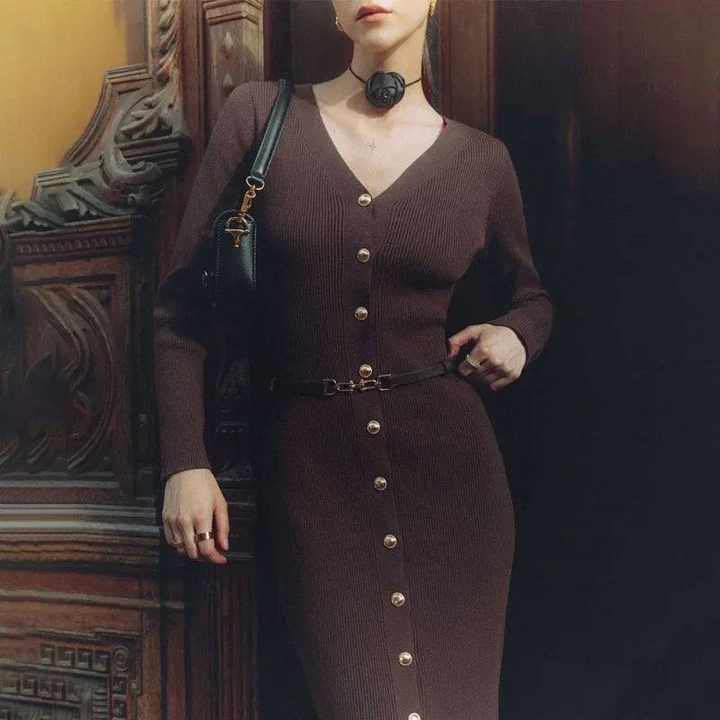 Amay Fall Knitted Slit Long Dress Women's Solid Ribbed Patchwork Cardigan Elegant Slim Party Dress Knitted Women's Long Dress