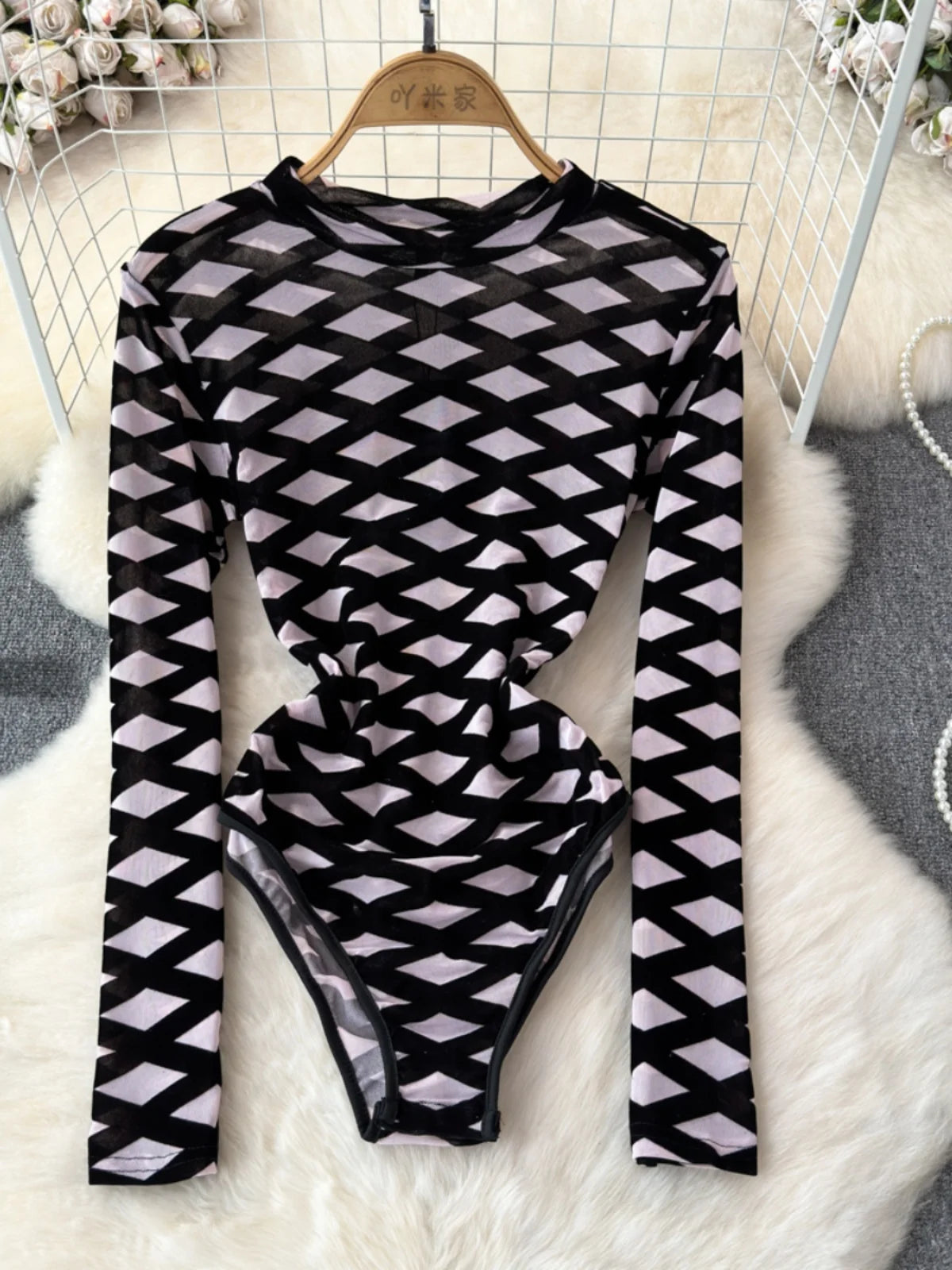 Maxy Foramina Bodysuits Women Fashion Hollow Out Mesh Long Sleeve Stand Collar Plaid Pattern Slim Waist Bodycon Night Club Body Tops