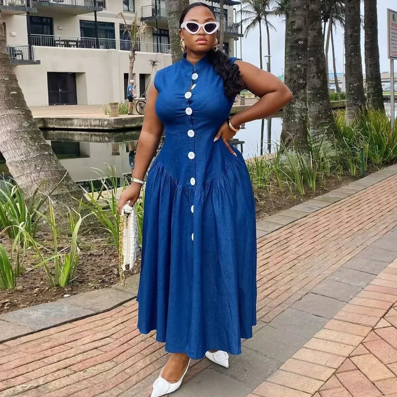 Maxy Dresses for Women Elegant Denim Dashiki Spring Summer Maxy Dress Ladies Traditional African Clothing Fairy Dreaes