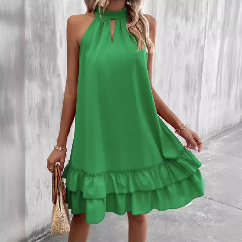 Summer New Solid Color Sleeveless Hanging Neck Series With Loose Ruffle Edge A-line Dress For Women's Fashion Midi Vestidos