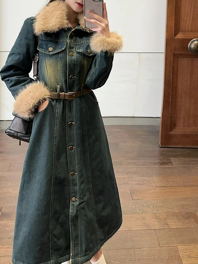 Maxy SHENGPALAE Vintage Long Denim Dress for Women Spliced Fur Lapel Single Breasted Sashes Design Jeans Dresses Winter 5G248