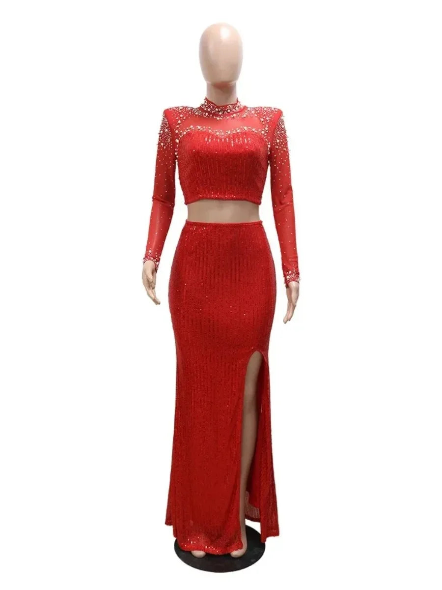 Maxy Luxury Sequins Evening Dress Set Beading Diamonds Cropped Tops High Slit Skirts 2 Piece Outfits Bodycon Party Dinner Gown