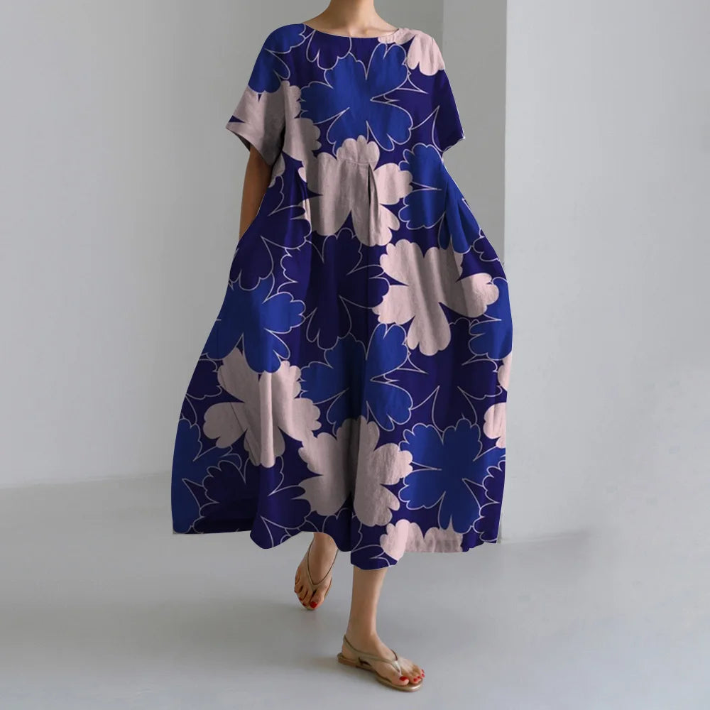 Maxy Summer New Bohemian Casual Dresses Vintage Women's Cotton Printed Dresses Womens Floral Long Dresses Round Neck Pullover Dresses