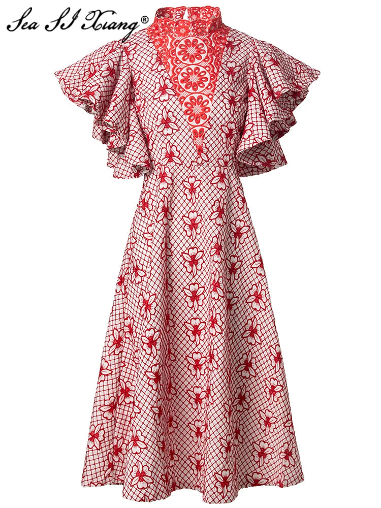 Maxy Seasoning Hollow Out Embroidery Dress For Women Stand Collar Flying Sleeves Red Vintage Dresses Fashion Autumn Female