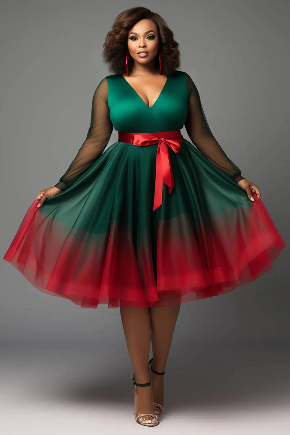 Amay Plus Size Christmas Emerald Green Gradient V Neck Lantern Sleeve Long Sleeve See Through Wrap Tulle Mini Dresses