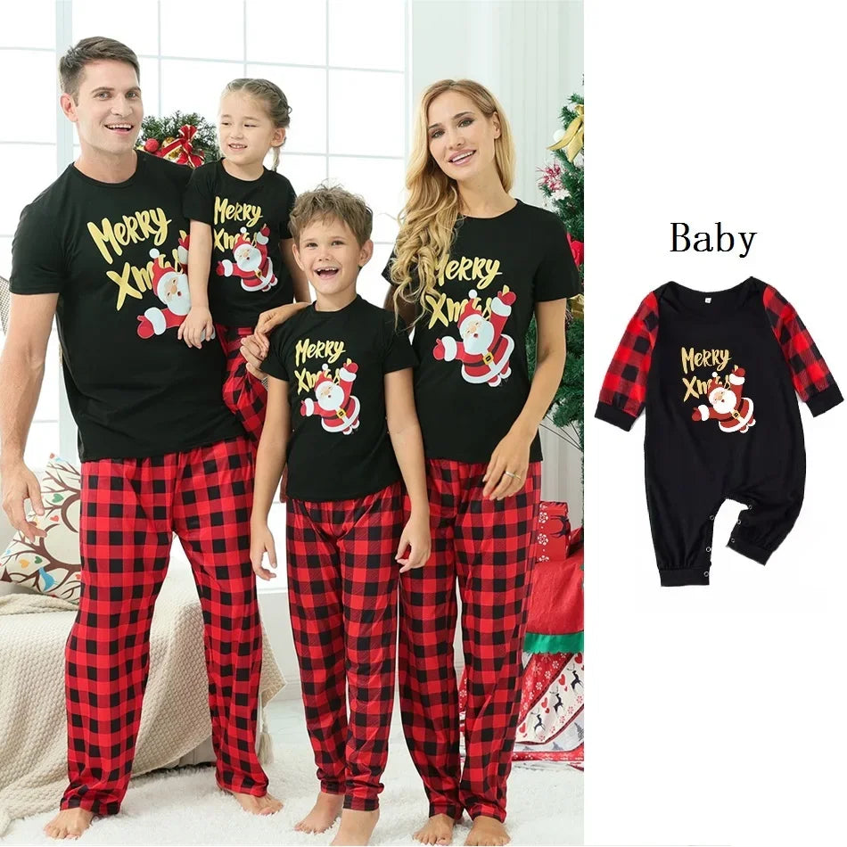 Maxy 2024 Short Sleeve Christmas Family Matching Outfits Plaid Father Mother & Children Pajamas Sets Mommy and Me Xmas Pj's Clothes