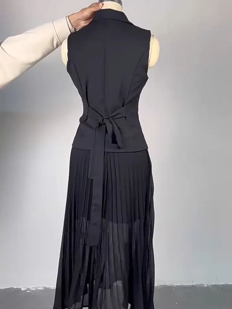 Maxy Two Piece Skirt Sets Casual Outfits Women Double Breasted Blazer Top + Pleated Long Skirts Suit Female Vocation Clothes