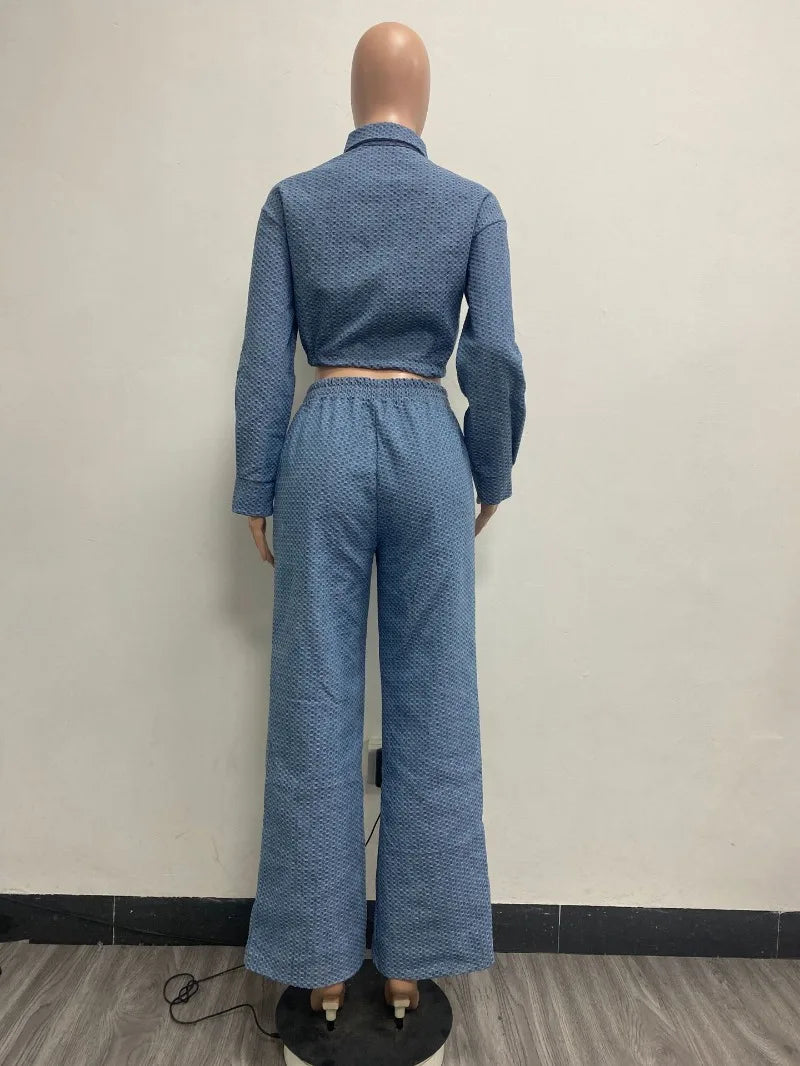 Women Fashion Denim Two Piece Set Turn Down Collar Long Sleeve Buttons Drawstring Jackets Crop Top Wide Leg Pants Jeans Suits