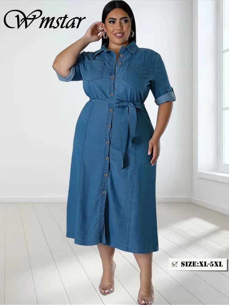 Wmstar Plus Size Denim Dresses Women Long Sleeve Casual Button New Maxi Dress Fall Clothes Wholesale Dropshipping with Bandage