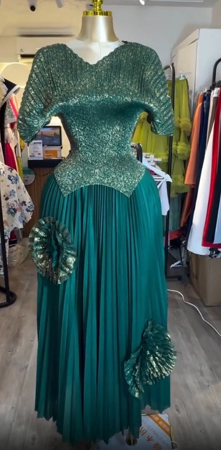 Maxy 2 Piece Women's Suit Elegant Plus Size Pleated Stretchy Glitter Top Skirt Dress Luxury Party Dress Long Prom