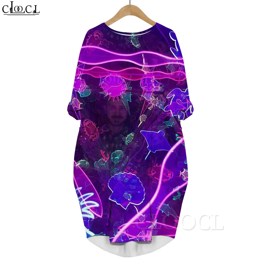 Macy Long Sleeves Dress Abstract Butterfly Graphics 3D Printed Party Dress with Pocket Mid-length Dress Oversized