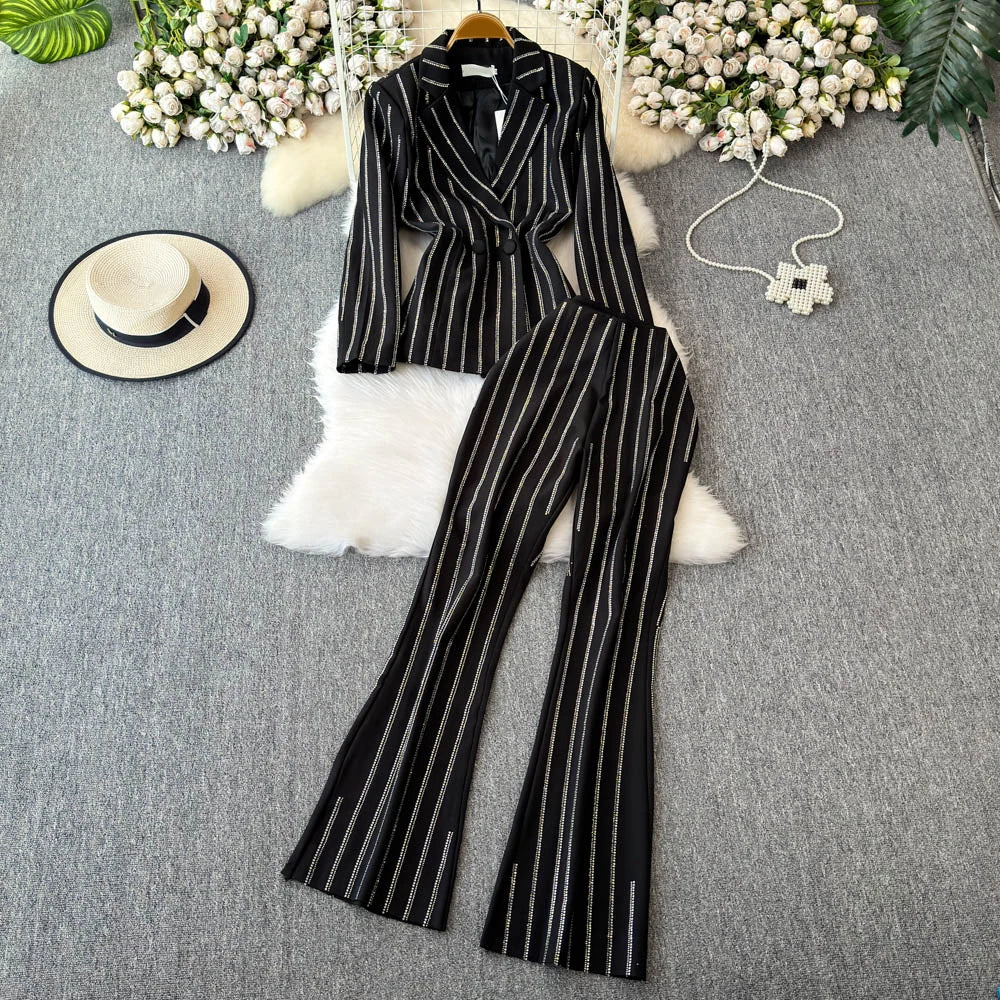 TWOTWINSTYLE New Striped Two Piece Set For Women Notched Collar Long Sleeve Coat High Waist Pant Casual Sets Female KSE518137