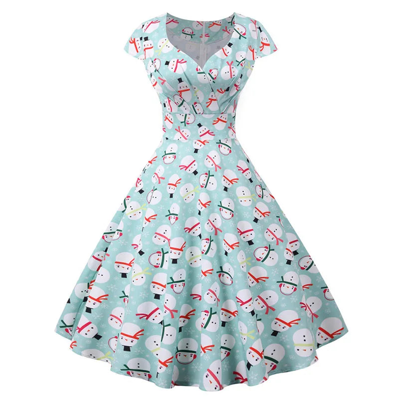 Women Christmas Party Dress  Short Sleeve V Neck Elegant Vintage Print Xmas New Year Prom Sundress  3XL Robe