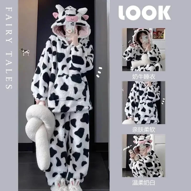 Maxy Autumn Winter New Cute Cow Hooded Pajamas Sets for Woman Kawaii Sleepwear Thickened Coral Velvet Homewear Suits Loungwear