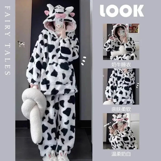 Maxy Autumn Winter New Cute Cow Hooded Pajamas Sets for Woman Kawaii Sleepwear Thickened Coral Velvet Homewear Suits Loungwear