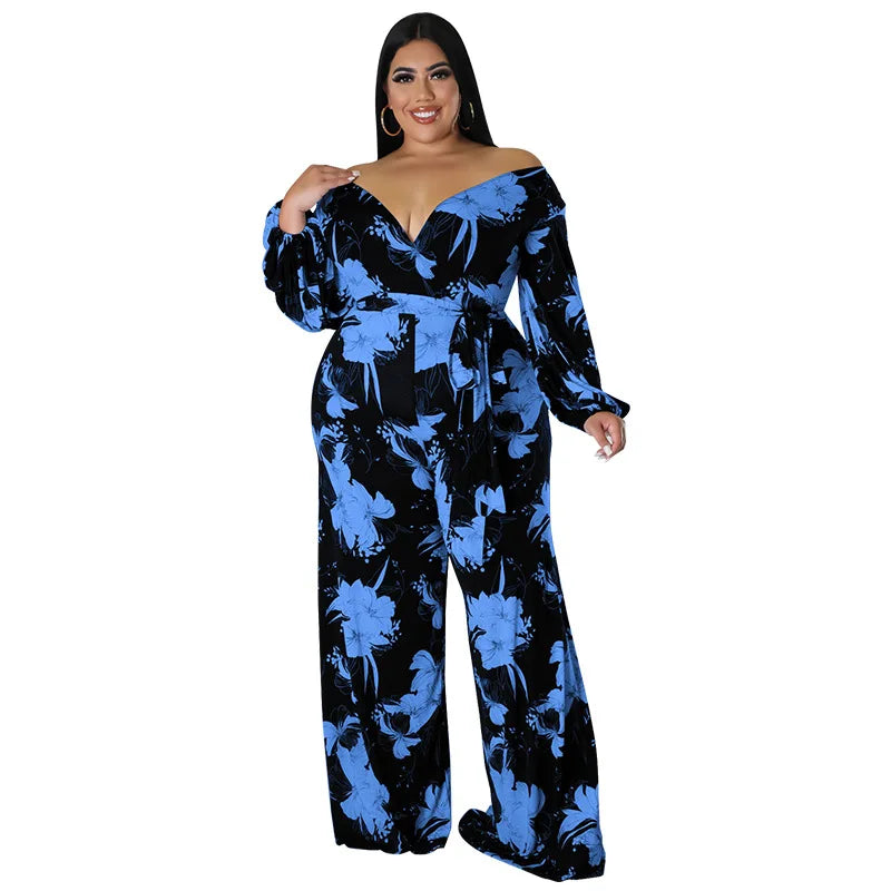 Amay Plus Size Floral Print Jumpsuit Female Casual Loose Elegant Clothing Women One Piece Outfit Autumn Fashion Wide Leg Pants