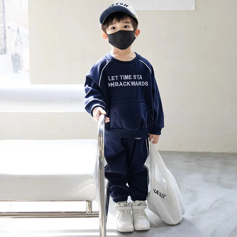 Maxy Boys Sweatshirts +Pants Kids Suits Tracksuit 2PCS/Set 2024 Navy Blue Spring Autumn Cotton Outfits Sport Teenagers Children Cloth