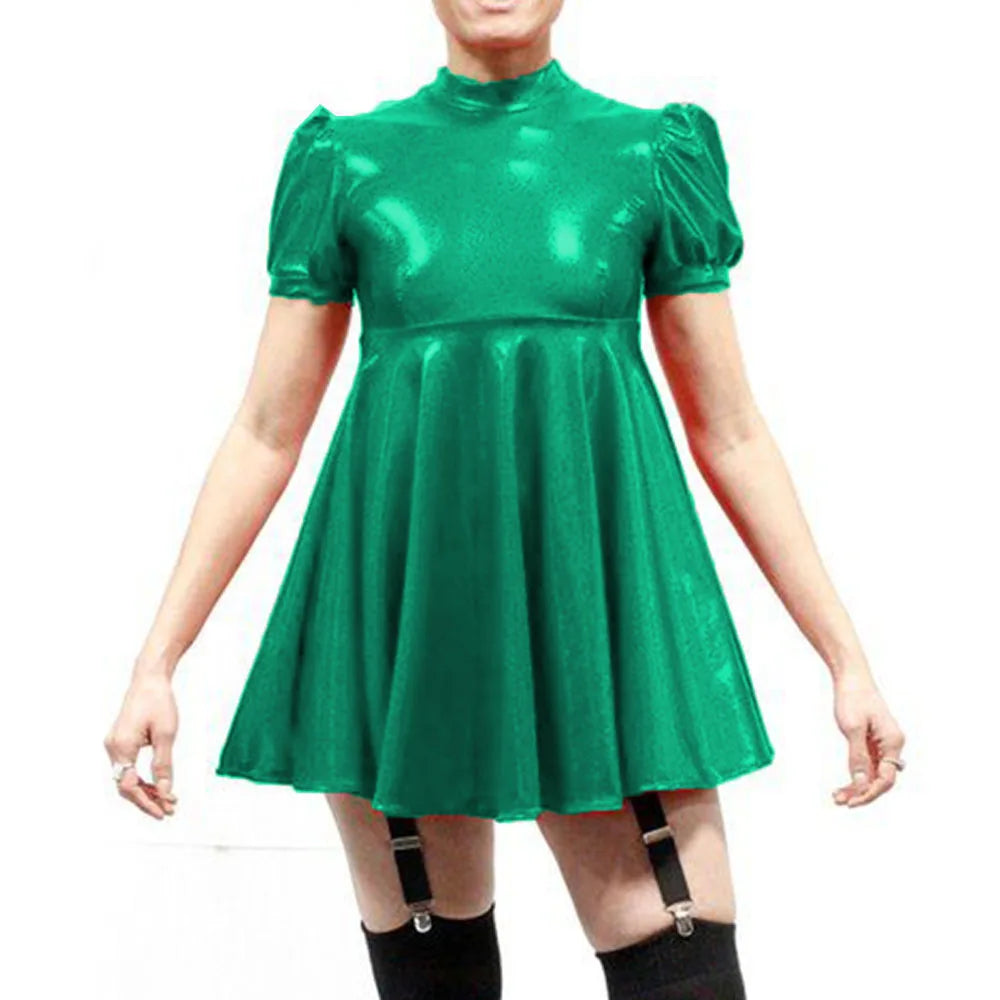 Maxy Plus Size Latex-look Mini Dresses Fashion Mock Neck Pleated A-Line Sissy Dress Rave Party Swing Short Dresses Male PVC Vestidos