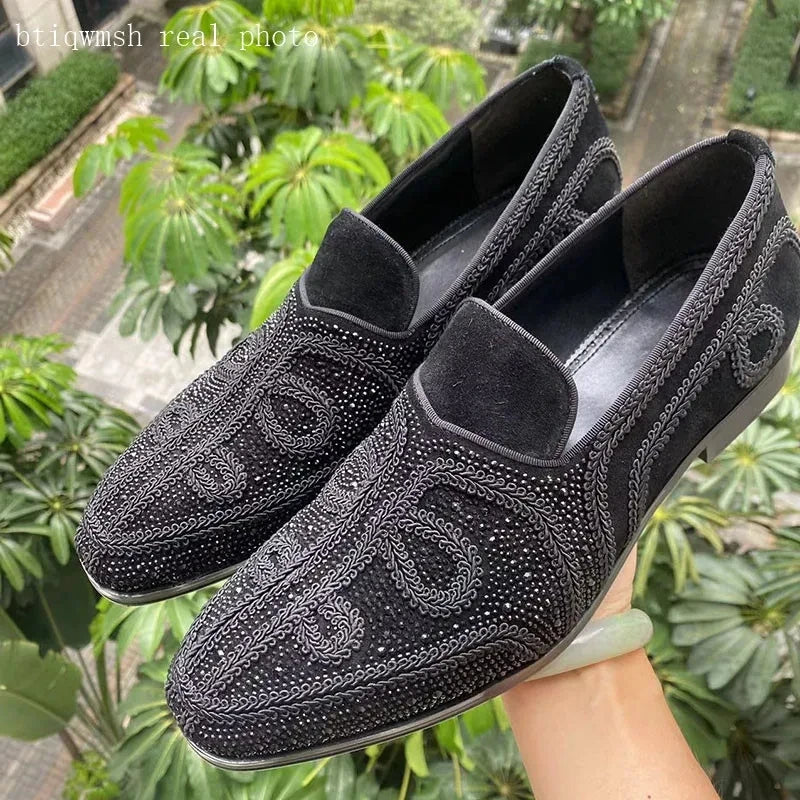 Visco Red Embroidery Rhinestone Shoes Man Pointed Toe Flower Slip On Flats Male Fashion Party Shoes