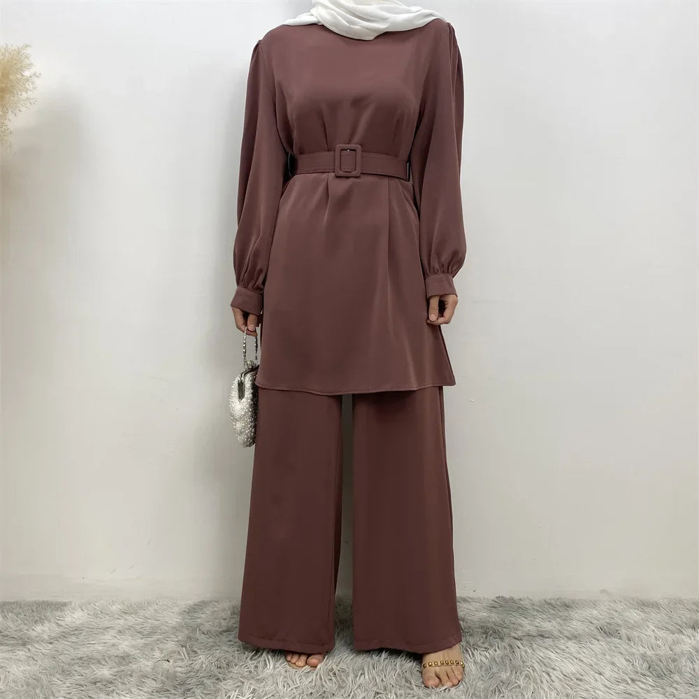 Maxy Muslim Women Long Sleeve Tops Wide Leg Pants Set Eid Ramadan Islam Clothing Dubai Turkey Kaftan Dress Arabic Outfits Suit Abaya