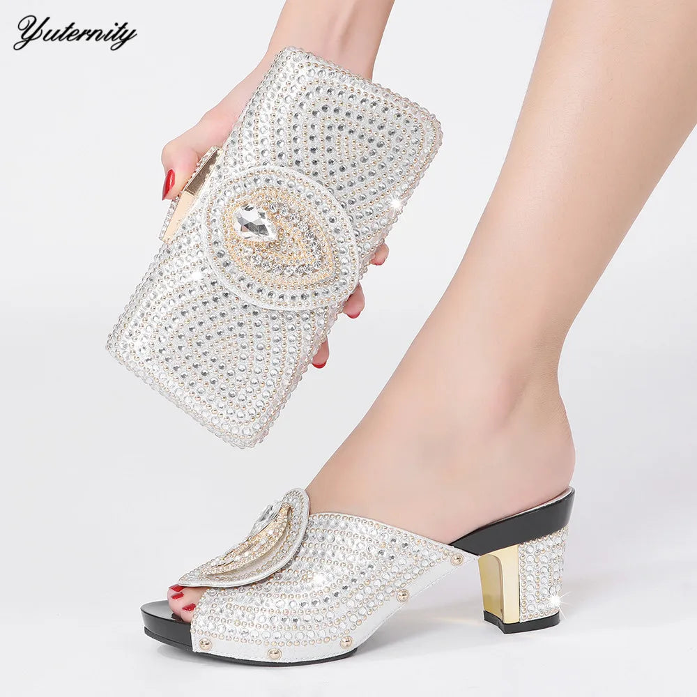 Maxy Style Woman Blue Color Rhinestone Shoes And Bag Set for Party African Fashion High Heels Woman Shoes and Bag Set