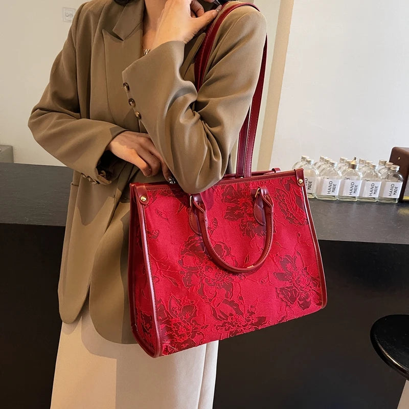 Maxy Red Love Heart Handbag For Women Large Capacity Cloth Travel Bag Fashion Hand Bag Retro Houndstooth Female Portable Tote Bag