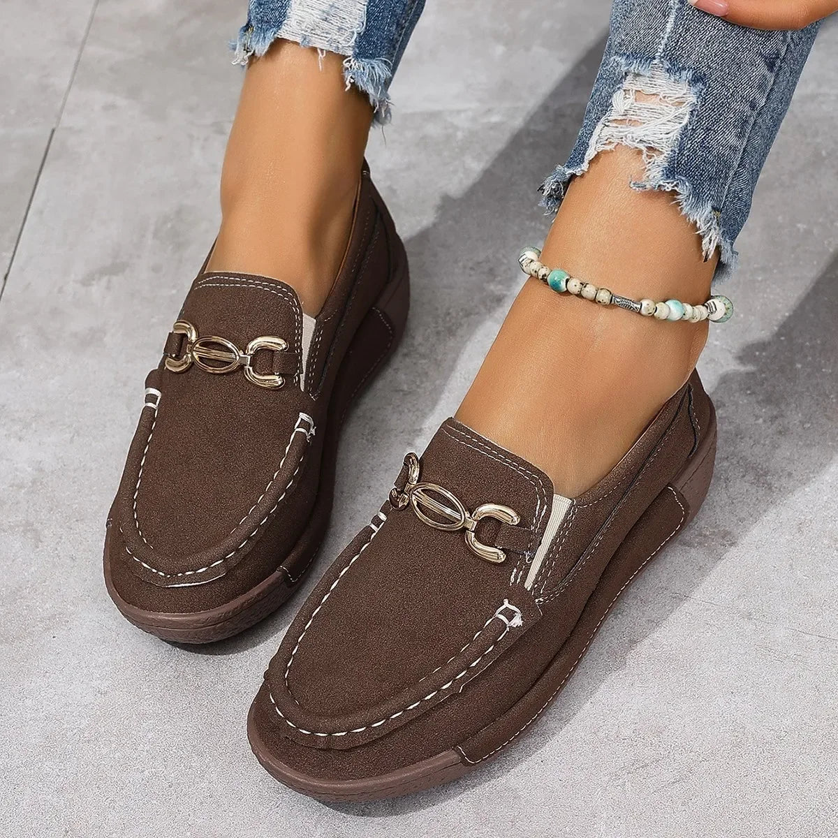 Women's Casual Shoes 2025 Spring and Autumn New Metal Decorative Round Toe Shallow Shoes Fashion Slip-on Thick Sole Loafers 43