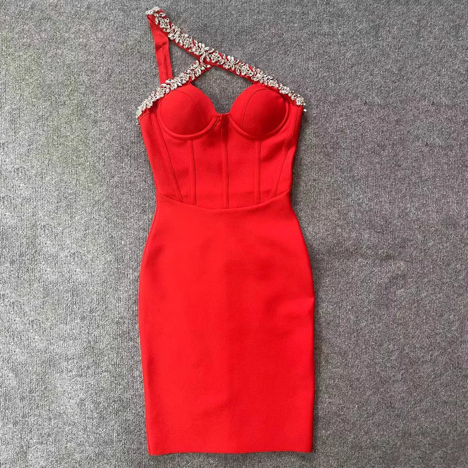 Maxy Diamonds women one-shoulder Bandage Dress Party Women High Quality Red Mini Tight Knitted Bodycon Dress