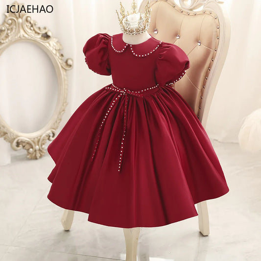Maxy Flower Girl Vintage Dress Children Formal Red Ball Gown Kid Lace Long Evening Bridesmaid Prom Dresses for Wedding Party