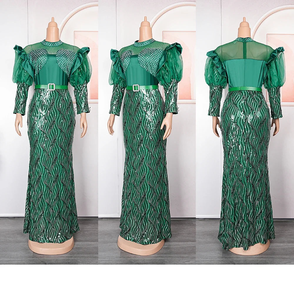 Maxy Plus Size Luxury Sequin Evening Party Long Dresses for Women Dashiki Ankara Turkey Outfits Gowns Africa Clothing