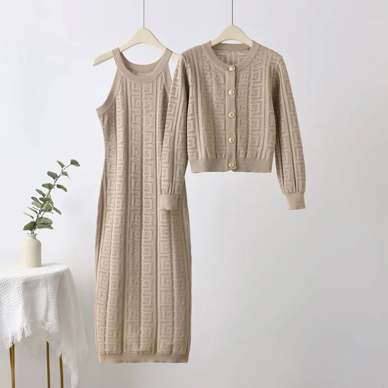 Maxy Knitted Fall Winter Warm Women 2 Piece Sets O-neck Single Breasted Cardigan Coats Tops Conjunto Korea Sleeveless Dresses Outfit
