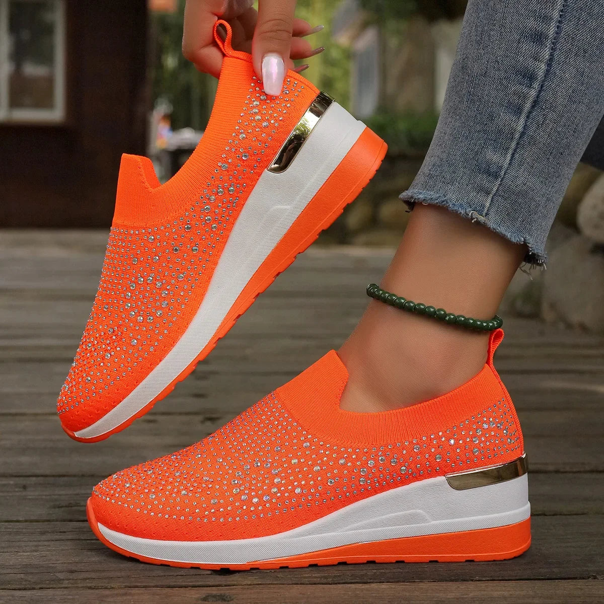 Visco Orange Rhinestone Casual Sneakers Breathable Wedge Women Lightweight Shoes Slip On New Comfortable Spring Mesh Sports Shoes