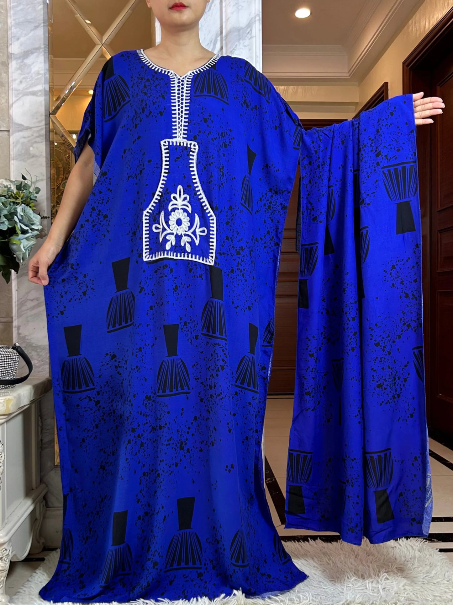 Macy Latest Autumn African Lady Dress with Big Scarf   Cotton Printed Loose Floral Boubou Pocket Maxi Islam Women Short Sleeve