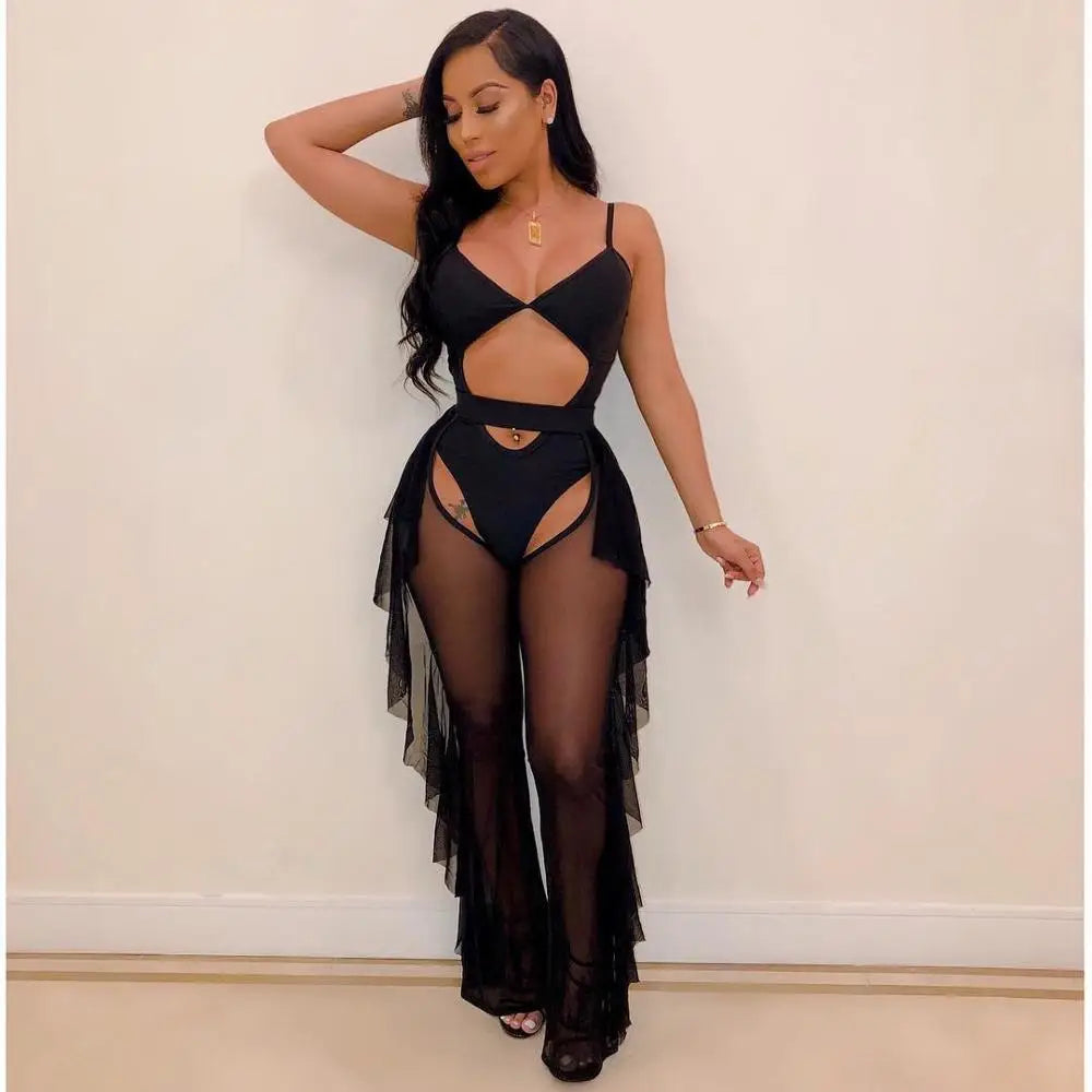 Maxy BKLD Ladies Tracksuits Festival Women Club Outfits Hollow Out Spaghetti Strap Bodysuit Ruffles Mesh Pant Set For Women