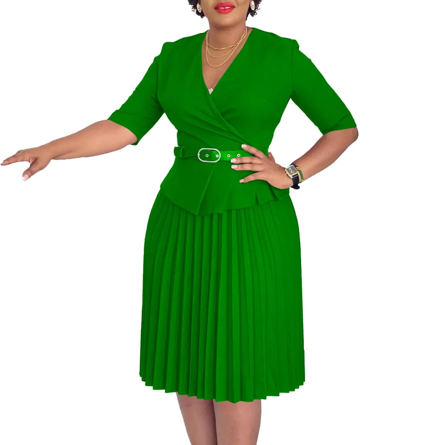 Amay Dresses for Women Fashion Half Sleeve V-neck Polyester Pleat Midi Dress Dashiki African Clothes Women Outfits