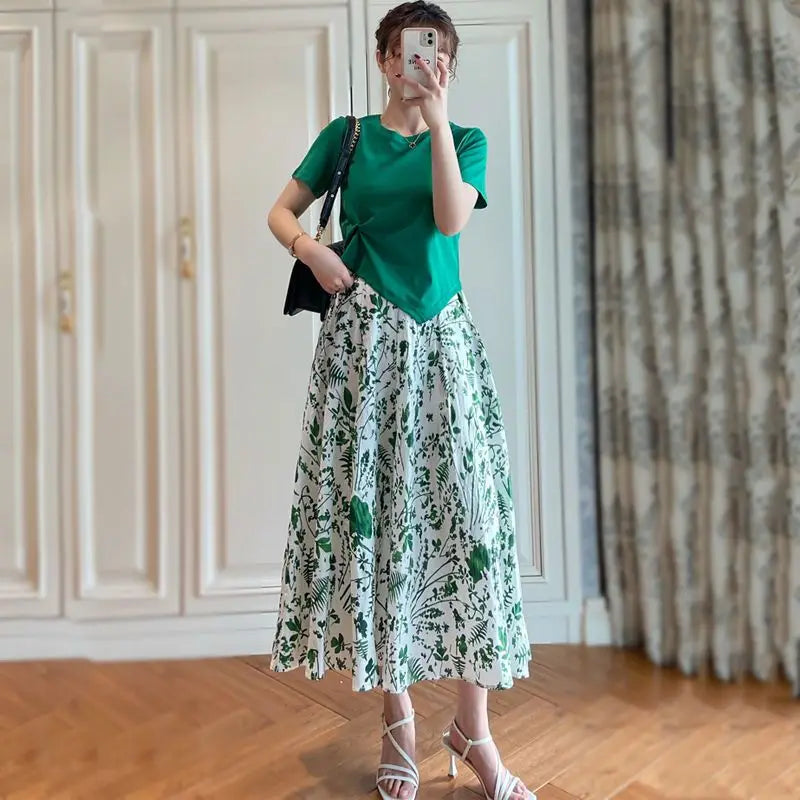 Maxy Women's Summer Chic Print Midi Skirts Green Short T Shirts Two Piece Set New Lady Fashion Pleat Tops Skirt Outfits