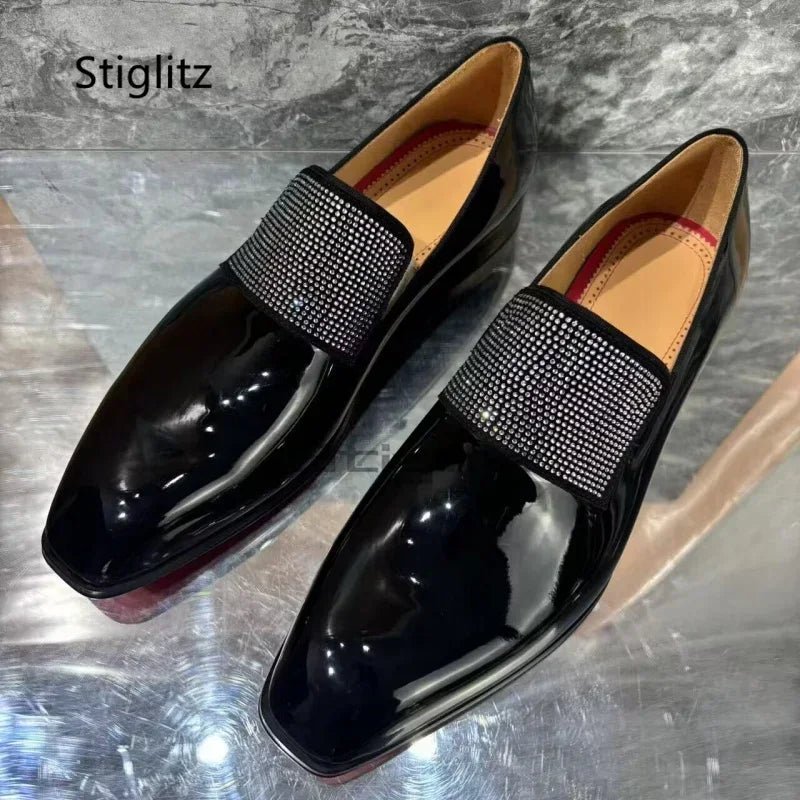 Visco Rhinestone Men's Bright Leather Dress Shoes Black Square Toe Business Office Wedding Shoes Slip On Loafers Luxury Mlae Shoes