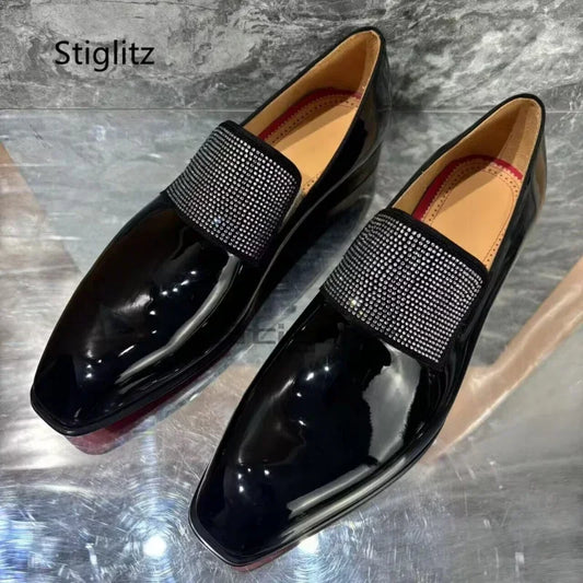 Visco Rhinestone Men's Bright Leather Dress Shoes Black Square Toe Business Office Wedding Shoes Slip On Loafers Luxury Mlae Shoes