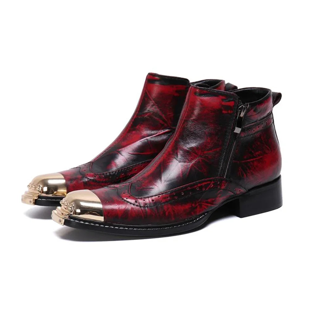 Visco Red Printing Wit Gold Metal Zipper Genuine Leather High Heels Pointed Toe Boots Male Plus Size Fashion Party Wedding Dress Shoes