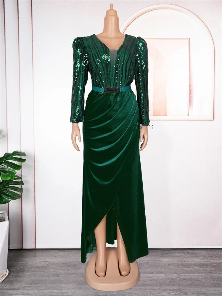 Maxy Prom Party Evening Dresses for Women Dubai Luxury Sequin Velvet Gown Turkey African Long Sleeve Robe Wedding Clothing