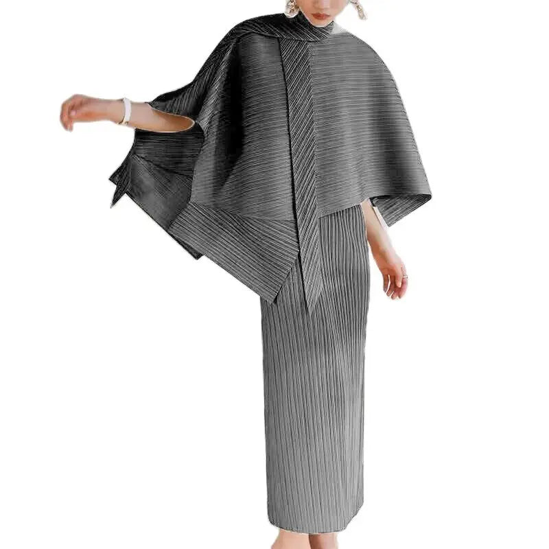 Amay Pleated cape suit summer new fashion suspender skirt+irregular lace-up shawl two-piece set [x244]