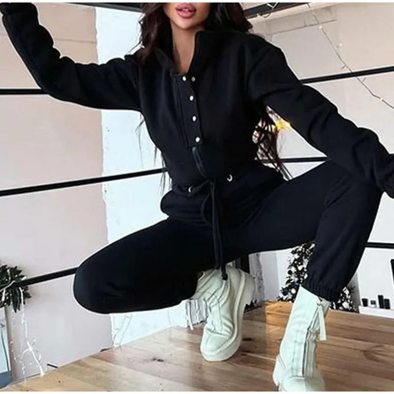 Maxy Casual Stand Collar Jumpsuits Women Autumn Winter Zipper One Piece Long Sleeve Outfit Solid Loose Drawstring Rompers Tracksuits