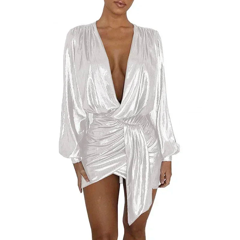 Maxy Plus Size Elegant Deep V-neck Long Sleeve Shiny Metallic Dress Women Evening Irregular Bodycon Mini Dress Vintage Ball Gowns