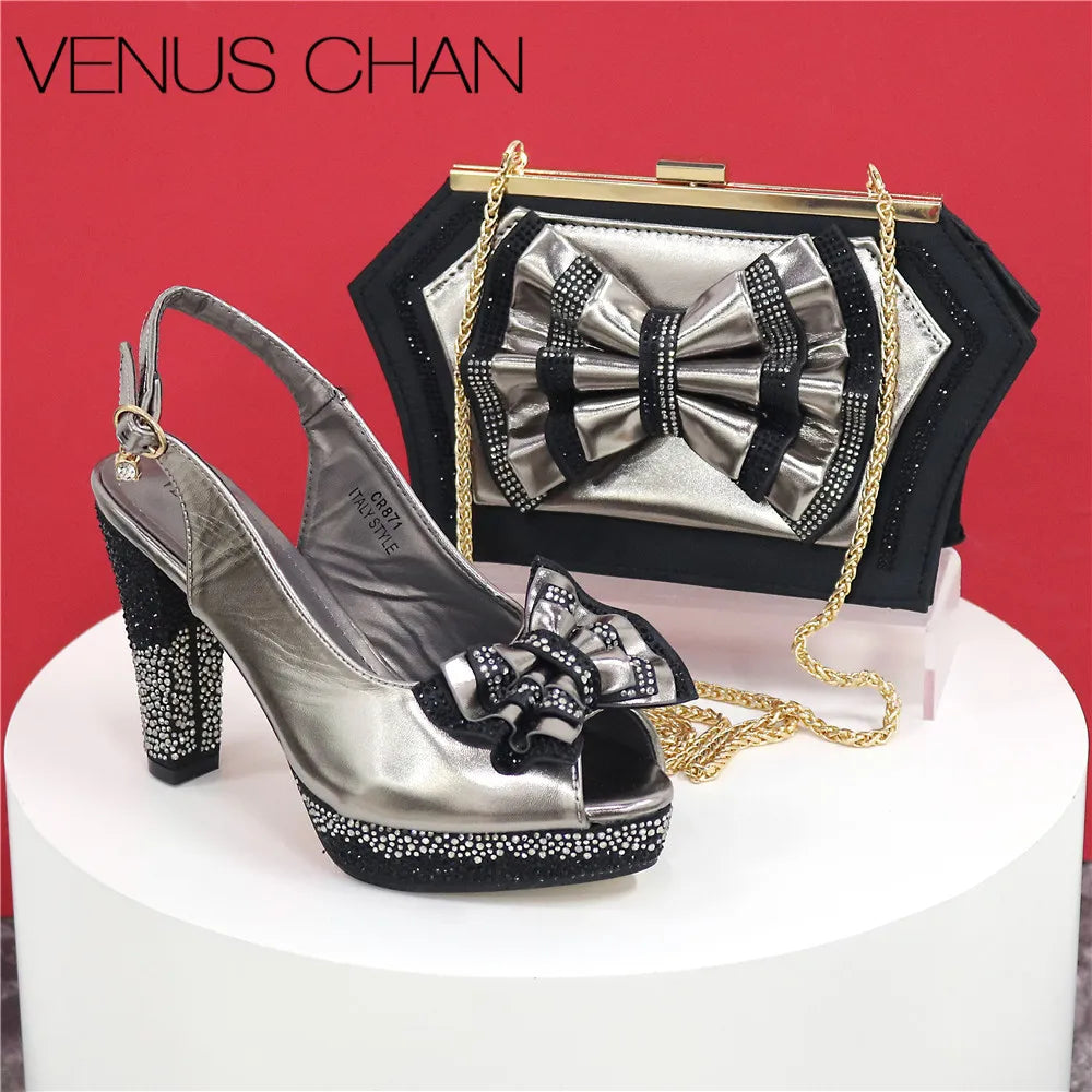 New Designer Specials Maxy Women Heels Shoes and Bag Set Sky Blue Color Comfortable With Rhinestone for Party