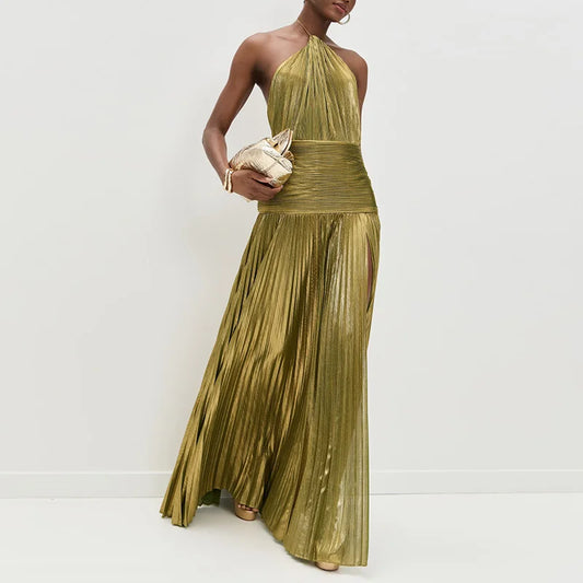 Maxy Gold Sexy Halter High Split Gowns Evening Dress Woman Chic Solid Hollow Pleated Long Dress Spring Summer Backless Zip Maxy Dress