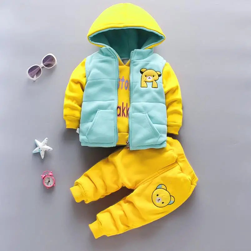 Maxy 2024 New Baby Boys Girls Christmas Cartoon Winter Hooded Plush Warm Vest Coat+Sweatshirt+Pants 3Pcs Infant Children Sports Suit